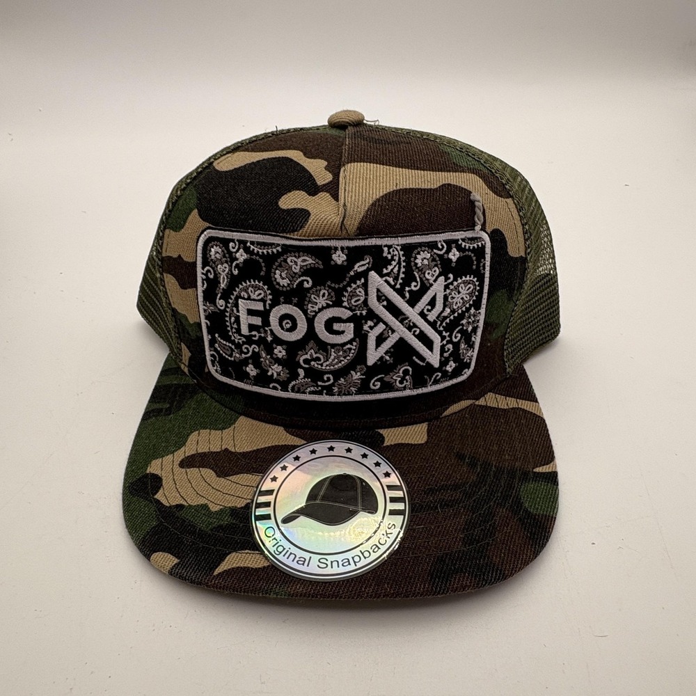 FOG Hat Mens‎ One Size Green Camo Trucker Mesh Snapback Cap Paisley Patch Logo